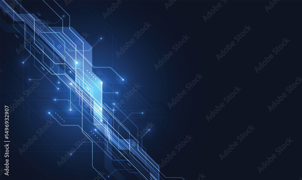 Sticker abstract blue glowing line technology circuit board background design. communication dot and line sp