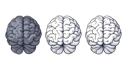 Fototapeta premium Three stylized brain illustrations, progressing from dark gray to light gray to white