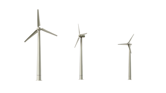 Three wind turbines different sizes isolated on a white background