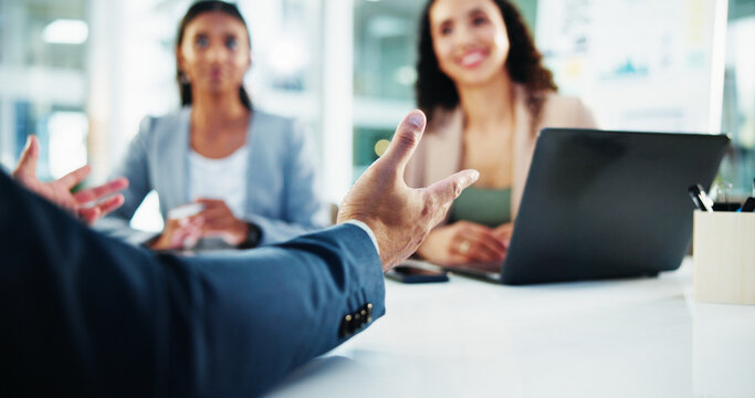 Hands, interview and business people with discussion in meeting for recruitment, deal or welcome. Conversation, laptop and human resources employees for worker onboarding, agreement or promotion