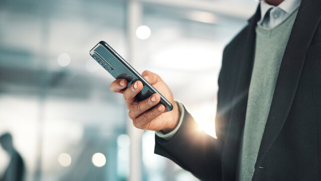 Business man, hands and scroll with phone in office for stock market price, trading account and check email. Professional, trader and smartphone for online investment, reading economy news and update