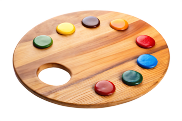 Wooden artist palette with colorful paint isolated on a white background