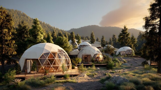 A futuristic soap bubble village for eco-adventures and starry nights.