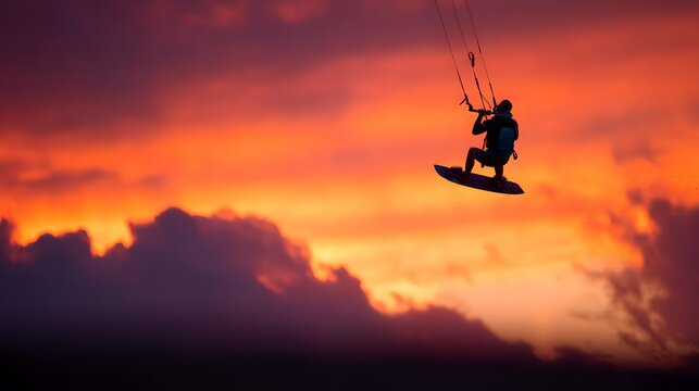 Vibrant kitesurfing hero leaps during a fiery sunset against a dramatic, colorful sky.