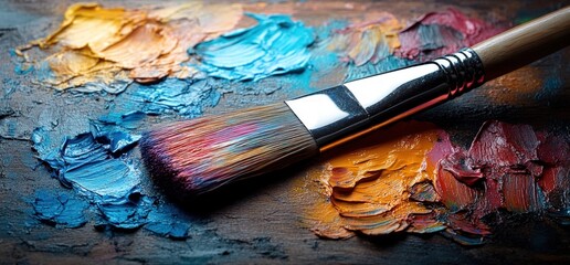 Fototapeta premium Colorful oil paint palette with paintbrush
