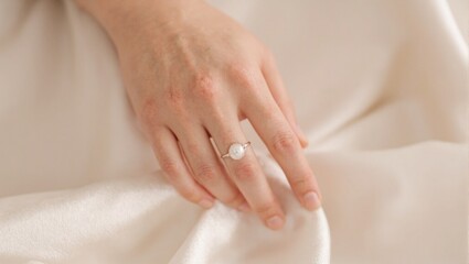 Fototapeta premium Hand touching silk with pearl ring