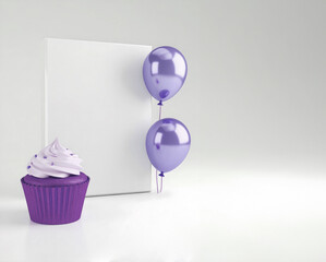 A minimalist arrangement showcases a vibrant purple cupcake with sprinkles and two glossy purple balloons next to a tall white board on a white surface