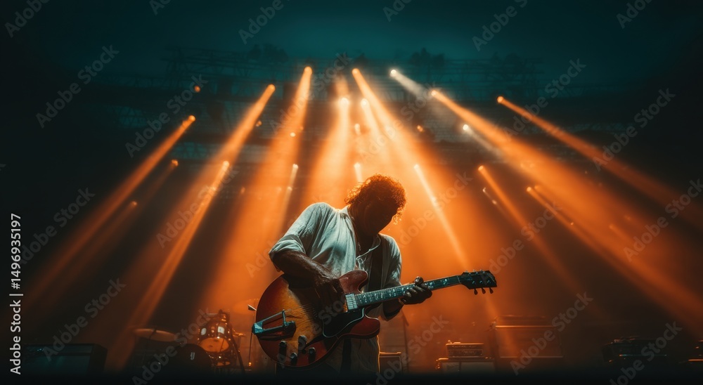 Poster guitarist performing on stage in concert with orange lights, representing live entertainment and art