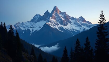 Obraz premium Snowy Mountain Peak with Coniferous Trees at Dawn