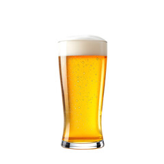 A single glass of beer with a thick white head on a black background view