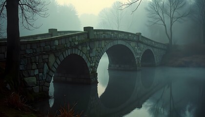 Stone Bridge in Fog Over Calm Water