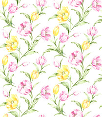 Fototapeta premium Yellow and pink tulips seamless pattern