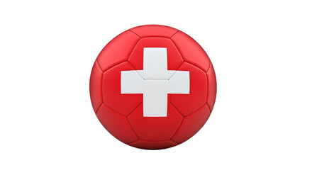 Obraz premium A red soccer ball with a white cross on it isolated against a plain black background in a studio shot