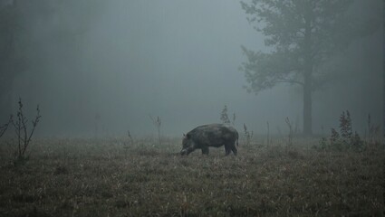 Wild boar in misty forest