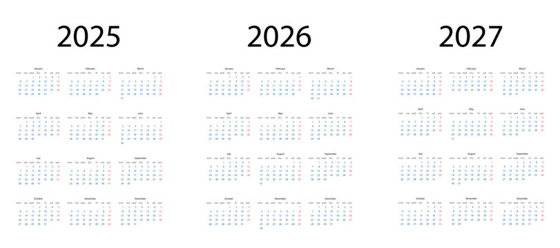 vector uk calendar 2025, 2026, 2027 set, on transparent background