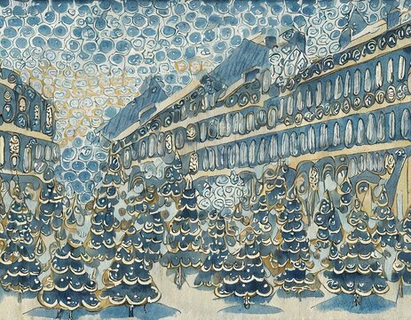 blue and white city light and snow with trees