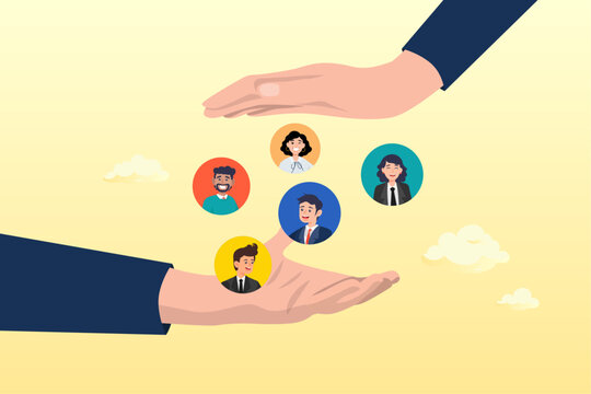 Businessman hand holding customer with care, customer retention, marketing strategy for customer loyalty, employee engagement, recruitment or human resource hiring, consumer care or benefit concept