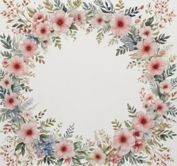 Delicate watercolor floral wreath, petal patterns  White background , green, blue