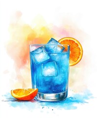 Watercolor illustration of a vibrant blue cocktail with ice and orange slices