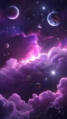 Mobile wallpaper,  an illustration of a purple nebula with planets and stars in the background