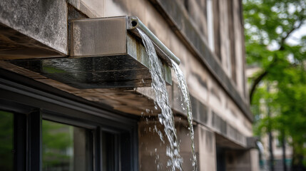 Obraz premium Architectural Detail Capturing Flowing Water from Gutters on a Building in Urban Environment