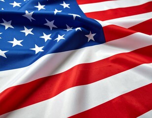 Close up of an american flag with red and white stripes and blue field with white stars waving gently