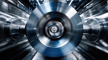 Industrial machine spinning aluminum wheel with motion blur, engineering concept