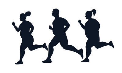 Silhouette composition. Overweight people exercise. Jogging.