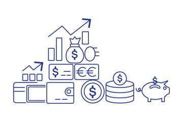 Money, budget, savings, loan, cash, earning, income, wallet, currency, dollar, card, coin, revenue, piggy bank, and profit icon set. Finance business thin line icon collection.