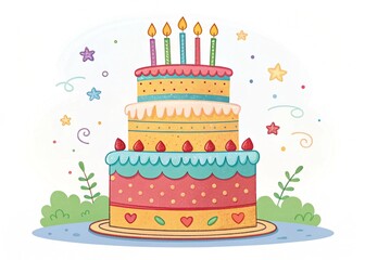 Multi-layered birthday cake with candles in clean outline style, perfect for party-themed coloring activities.