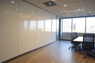 Modern conference room with a large, light beige, interactive whiteboard wall
