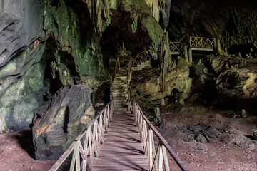Boardwalk in Cueva de las Lechuzas (Owl Cave) near Tingo Maria town, Peru