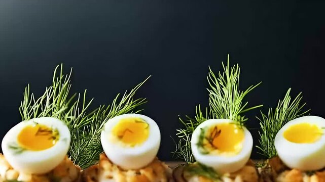 Gourmet tartlets with foie gras and quail eggs, elegantly garnished with dill, served on a dark lava stone plate. Rich, moody aesthetic perfect for fine dining themes.