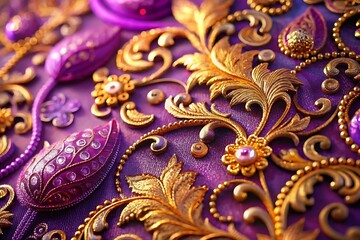 Elaborate golden filigree with purple jewels and ornate details creating a luxurious and vintage aesthetic, perfect for backgrounds and decorative elements