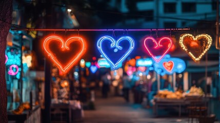 Vibrant neon hearts illuminate a bustling night market, casting a warm, romantic glow