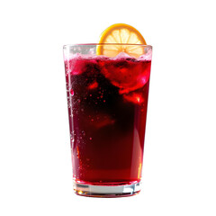 A glass of vibrant beetroot juice with a lemon slice on the rim, with condensation droplets visible on the glass, against a clean white backdrop, macro lens.