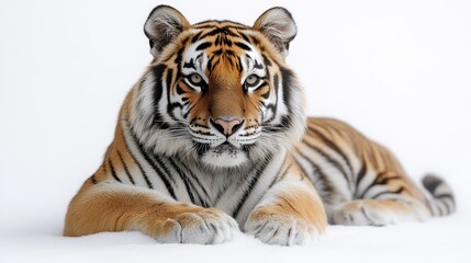 Striking tiger, golden fur with dark stripes, eyes locked, alert, lying down, white background