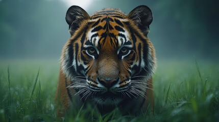 Powerful tiger portrait with orange fur and striking stripes in lush green grass field