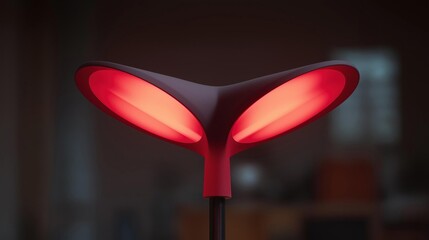 Close-up of a red lamp with a black base. the lamp has a unique design with a curved shape that resembles a cat's tail. the tail is elongated and has two large, elongated eyes that are glowing red.