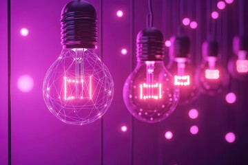 Purple glowing vintage light bulbs, interconnected, with digital network lines