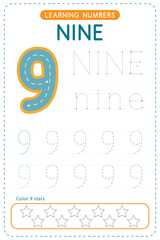 Number nine tracing. Preschool worksheets. Writing practice for kids. Vector design.