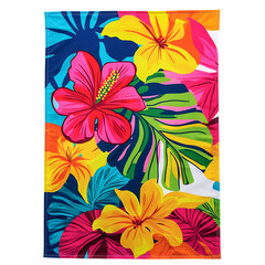Vibrant Beach Towel with Large Tropical Motifs in a Hawaiian Flower Print Isolated on Transparent Background