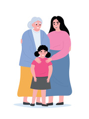 Happy women in a family of different generations. Mother, grandmother and daughter together in love and care for each other. Vector flat graphics.