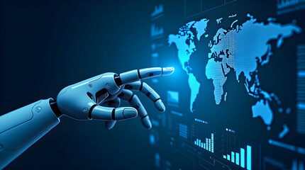 AI Robot Hand Touching Digital World Map with Data Analytics

