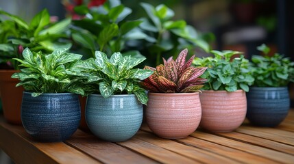 Potted plants, vibrant leaves, sitting nicely on wood