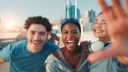 Obraz premium Happy people, portrait or fitness with selfie in city for picture, photography or memory together. Active, friends or group with smile in joy for capture moment, social media or post in an urban town
