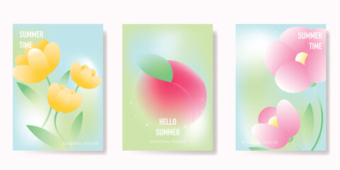 Abstract colorful gradient fruit and flower card background set. Minimalist poster with tulip flower, peach. Modern summer and spring wallpaper design for home decoration, website, banner, ads.