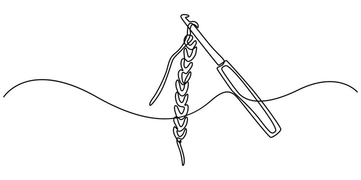  crochet hook continuous one line drawing, Antique engraving illustration: Erigne Crochet, detailed illustration of crochet tools, featuring yarn ball and crochet hook, showcasing art of crafting.