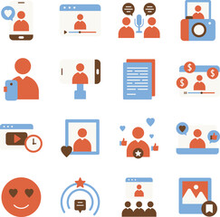 Influencer illustration set. Includes of social media, content creator, online influencer, digital marketing, followers, social network, brand ambassador, vlog, and More. Vector flat color collection