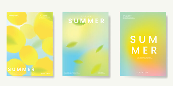 Abstract colorful gradient fruit card background set. Minimalist poster with lemon. Modern summer and spring wallpaper design for drink menu, promotion, beverages, ads.